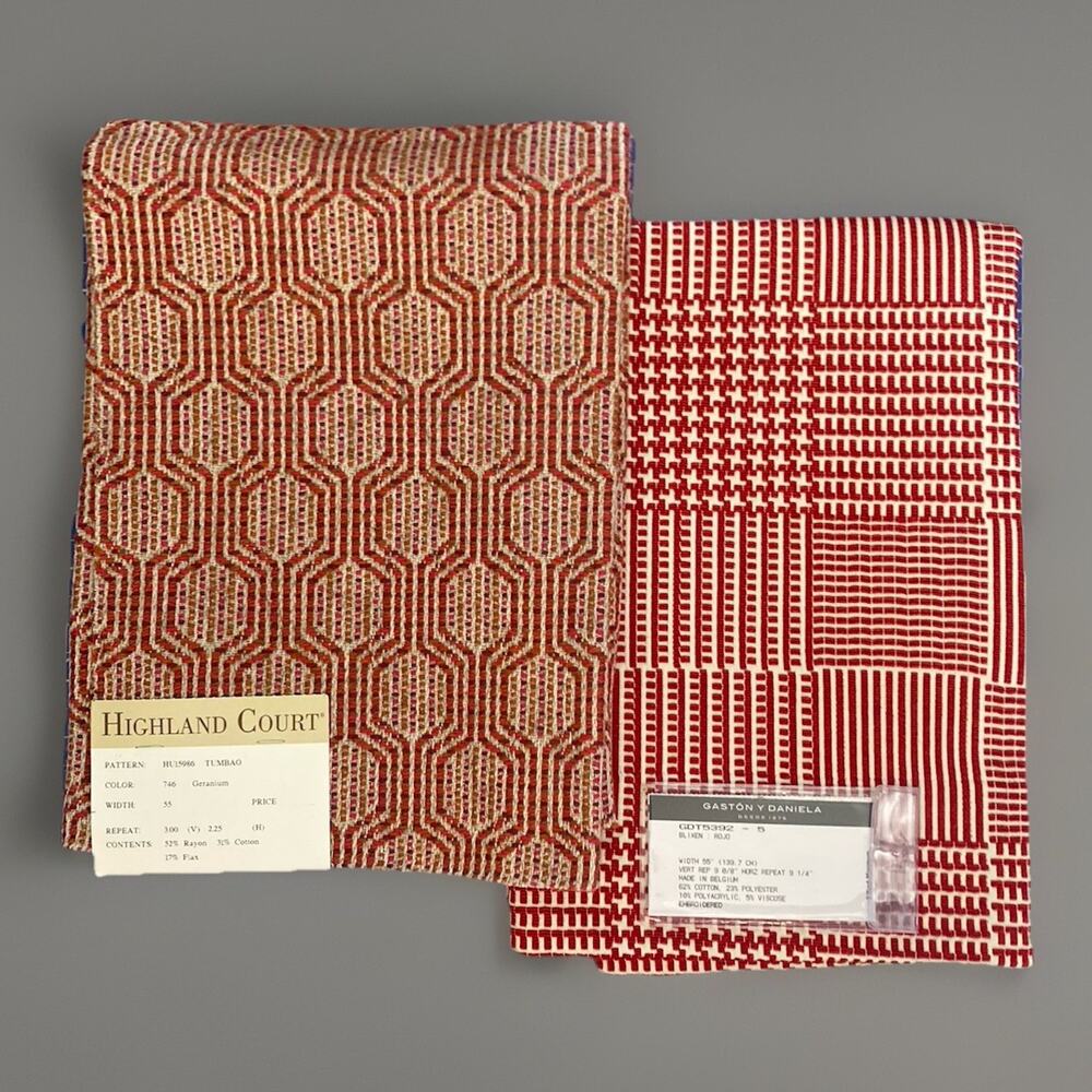 2 Red Geometric Samples GASTON Y DANIELA and Highland Court Tumbao 25"x25"